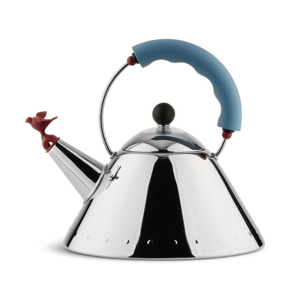 Vintage tea kettle in matte platinum gray enamel by Michael Graves for  Alessi, Italy