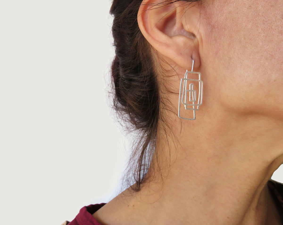 Geometric Lines Silver Dangle Earrings