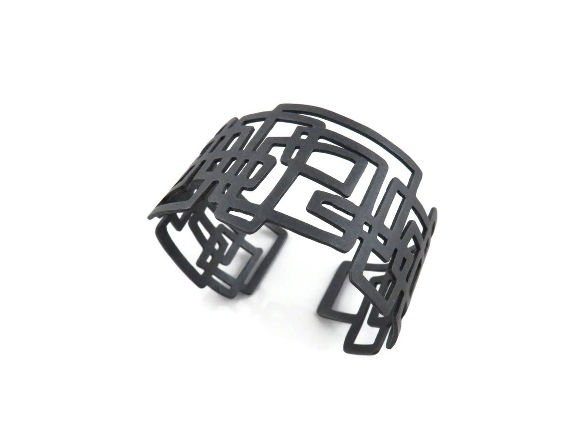 Linear Geometric Oxidized Silver Cuff Bracelet